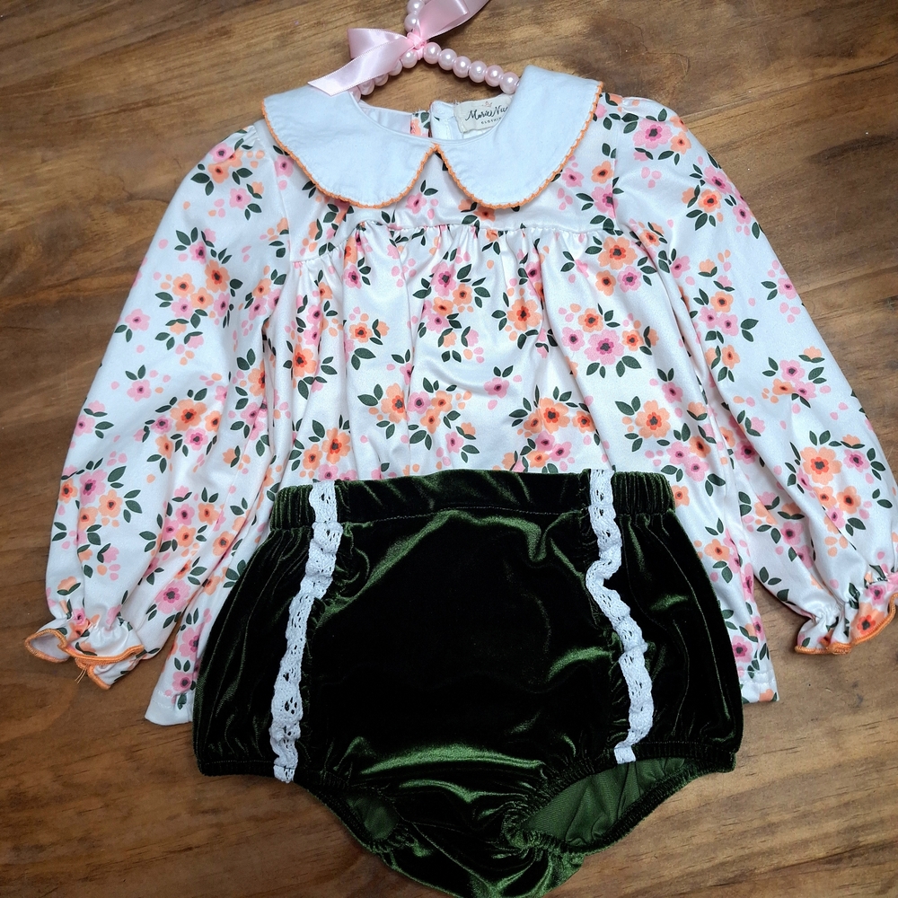 Floral Peter Pan Collar Top with Velvet Bloomers
